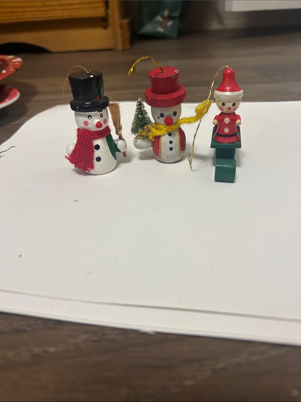 Vintage 1970s/1980s Painted Wood Christmas Ornaments Lot - Snowmen & Elf Trio